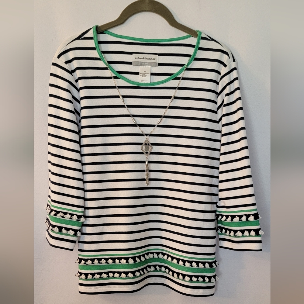Alfred Dunner Navy Blue and White 3/4 Sleeve Top Size PM